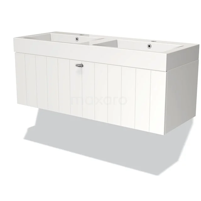 Modulo Bathroom furniture with sink | 120 cm Matte white Slat front Mineral marble 1 drawer BMW11-00329 White double vanity unit with wooden slats, suitable for modern bathrooms. Minimalist design with spacious storage drawer.