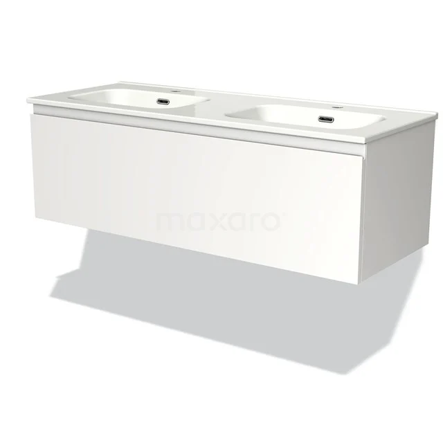 Modulo Bathroom furniture with sink | 120 cm Matte white Handle-less front Ceramic 1 drawer BMW11-00334 White, modern vanity units with double basin, sleek design and wall-mounted, ideal for stylish bathroom design.