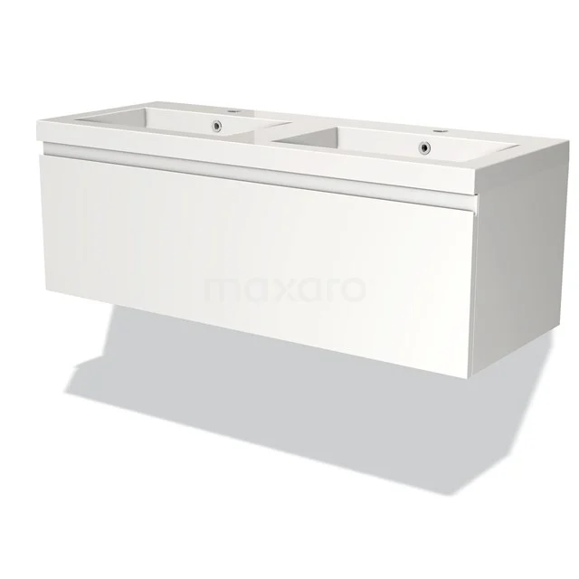 White double vanity unit with minimalist design, suitable for modern bathrooms, including spacious storage drawer.