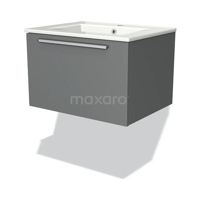 Grey hanging bathroom cabinet with drawers and white basin; modern design, ideal for small bathrooms.