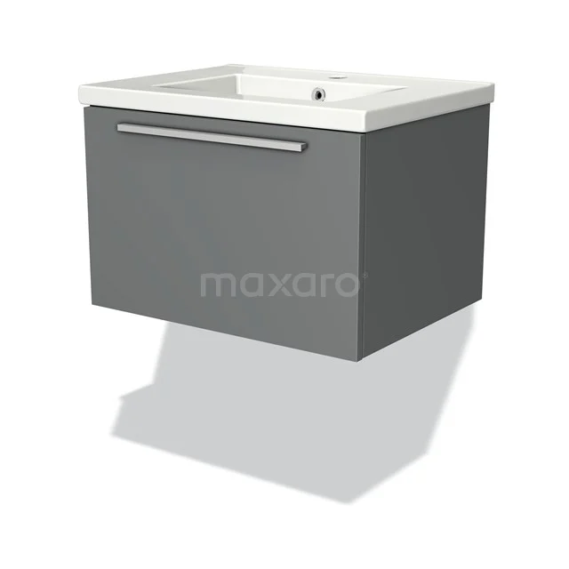 Grey floating vanity unit with white ceramic basin, minimalist design, ideal for a modern bathroom.