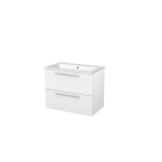 Modulo+ Bathroom furniture with sink | 80 cm High-gloss white Flat front Mineral marble 2 Stacked drawers BMP005519 White bathroom cabinet with basin, sleek design, two drawers and chrome handles, ideal for modern bathroom storage.