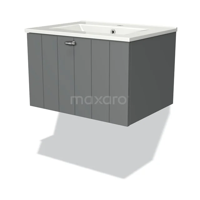 Grey hanging bathroom cabinet with vertical panels, white basin and chrome handle, modern design.