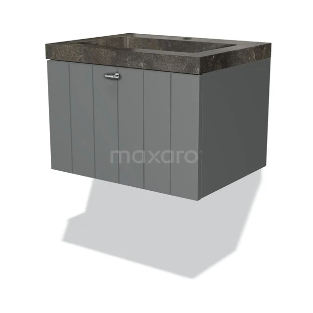 Badmöbel 60cm Modulo Mittelgrau 1 Schubladen-Lamellen-Waschbecken aus Naturstein Blaustein BMW11-00359 Graues Holz-Badmöbel mit Beton-Waschtischplatte, modernes Design, ideal für stilvolle Badezimmergestaltung.