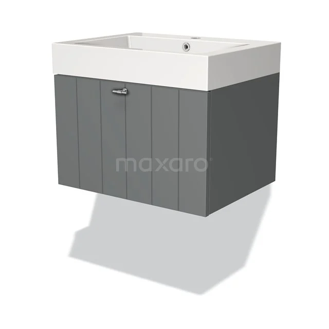 Grauer Badschrank mit weißem Waschbecken, Holzpaneelen und modernem, schlankem Design für stilvolle Badezimmerlagerung.