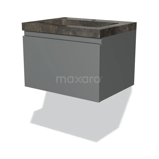 Grau Wandmöbel mit Schublade und Waschtischplatte in dunkler Holzoptik, ideal für ein modernes Badezimmer.