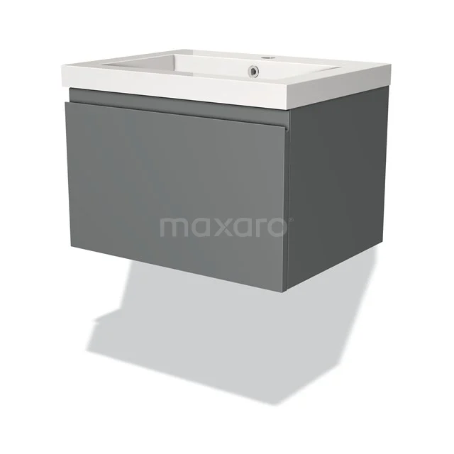 Grey floating bathroom unit with drawers and white basin, sleek design of wood-look material, ideal for a modern bathroom.
