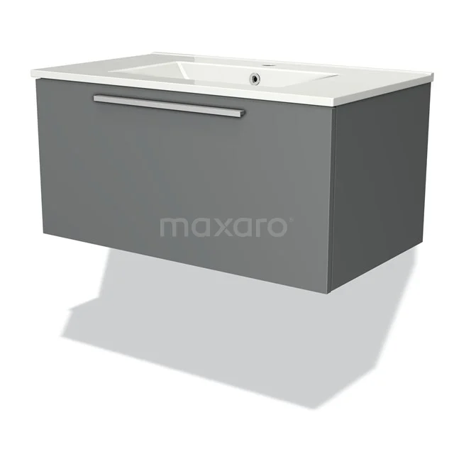 Grey hanging bathroom unit with ceramic basin and metal Handle, ideal for a modern bathroom.