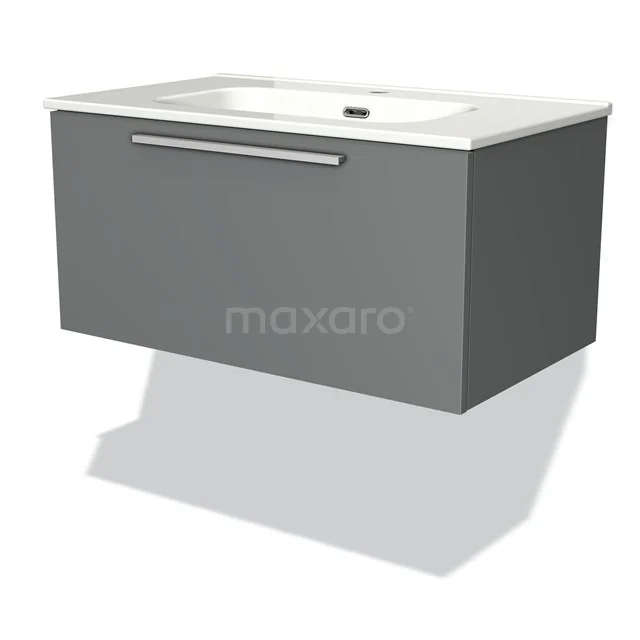 Modulo Waschtische | 80 cm Mittelgrau Flach front Keramik 1 Schublade BMW11-00379 Graues wandmontiertes Badezimmermöbel mit matter Oberfläche, integriertem Waschbecken und schlankem Metall-Haltegriff.