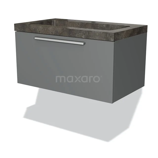 Grey floating bathroom unit with drawers and dark marble basin, modern design, sleek and space-saving.