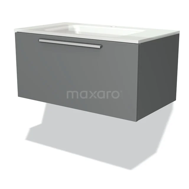 Modulo Vanity units with basin | 80 cm Mid grey Flat front Glass 1 drawer BMW11-00382 Grey wall-mounted vanity units with basin, minimalist design and metal handle.