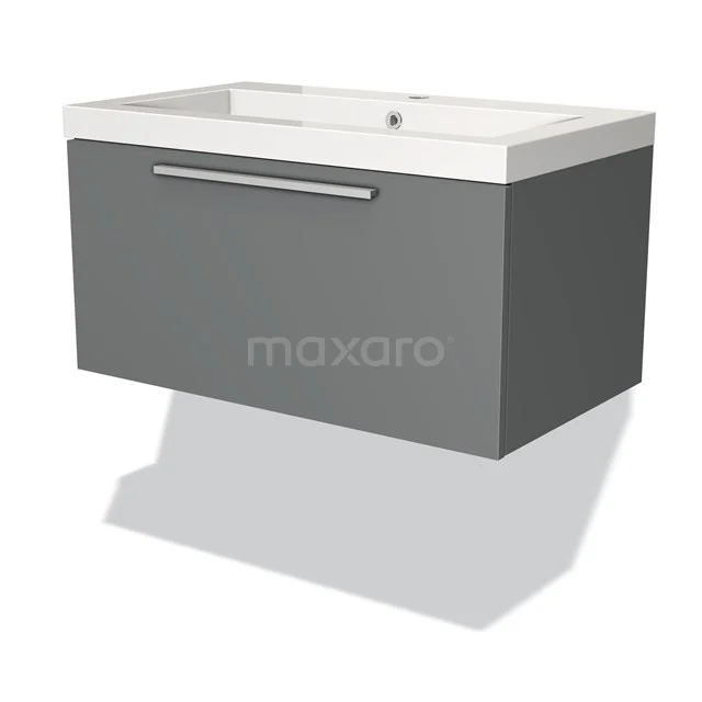 Grey hanging bathroom unit with white ceramic sink and metal Handle, ideal for modern bathroom design.