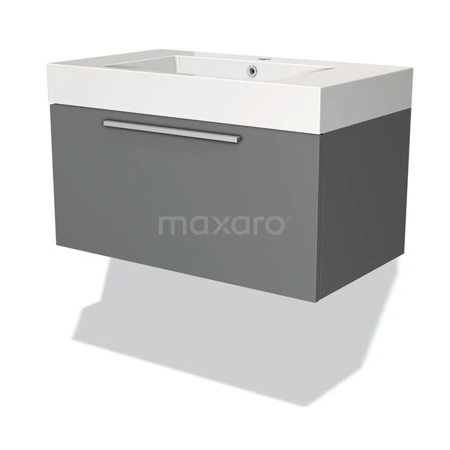 Grey hanging bathroom cabinet with white ceramic basin, metal Handle and modern design. Perfect for compact bathrooms.