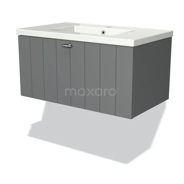 Grauer hängender Badschrank mit Soft-Close-Schublade, Holzstruktur und integriertem Waschbecken, ideal für moderne Bäder.