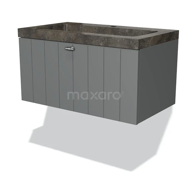 Grey wooden bathroom unit with vertical lines, solid stone worktop and modern look, ideal for contemporary bathrooms.