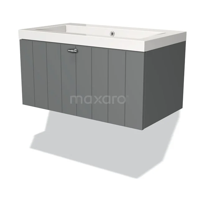 Grauer hängender Badschrank mit vertikalen Paneelen und weißem Waschbecken, schlichtes Design, ideal für moderne Bäder.