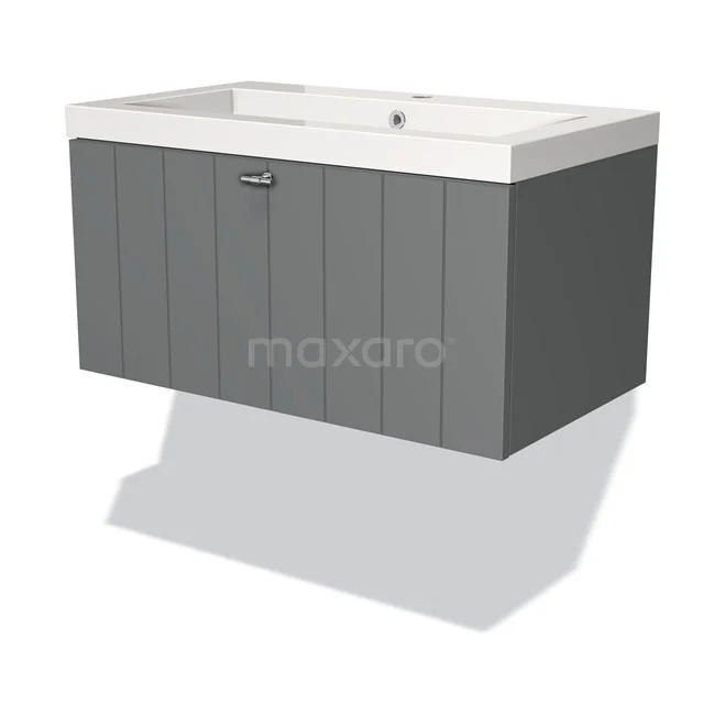 Badmöbel 80cm Modulo Mittelgrau 1 Schubladen-Lamellen-Waschbecken Mineralguss BMW11-00396 Grau hängendes Badezimmermöbel mit Holzoptik, einzelner Spülbecken und matt weißem Aufsatzwaschbecken, ideal für modernes Badezimmerdesign.