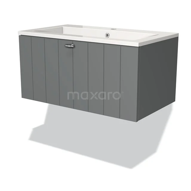Grey suspended bathroom unit with vertical grooves, white vanity units with basin and single drawer, modern design made of high-quality materials.