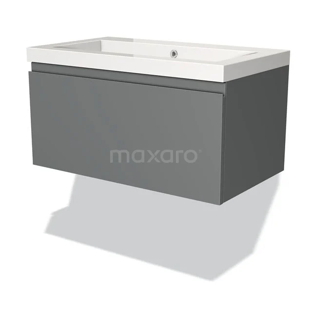 Badmöbel 80cm Modulo Mittelgrau 1 Schublade griffloses Waschbecken Mineralguss BMW11-00407 Grauer schwebender Badschrank mit weißem Waschbecken, elegantes Design, ideal für moderne Bäder.