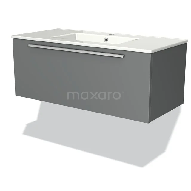 Badmöbel 100cm Modulo Mittelgrau 1 Schubladen-Flachwaschbecken aus Keramik BMW11-00412 Graues schwebendes Badezimmermöbel mit schickem rechteckigem Waschbecken und metallischem Haltegriff, modernes Design.