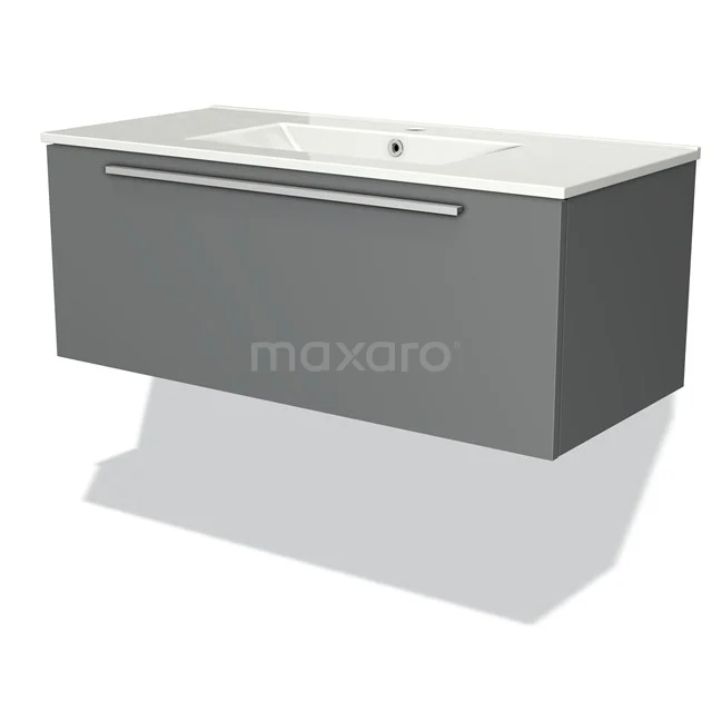 Grauer schwebender Badschrank mit integriertem Waschbecken und metallischem Haltegriff, modernes Design aus nachhaltigen Materialien.