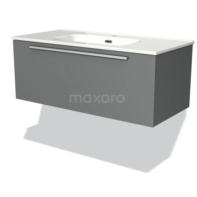 Modulo Bathroom furniture with sink | 100 cm Mid grey Flat front Ceramic 1 drawer BMW11-00415 Grey floating bathroom unit with single sink and metal Handle, sleek design made of durable materials.
