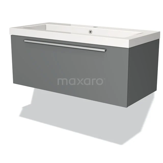 Grey floating bathroom cabinet with drawers and integrated basin, modern design and sleek metal handle.