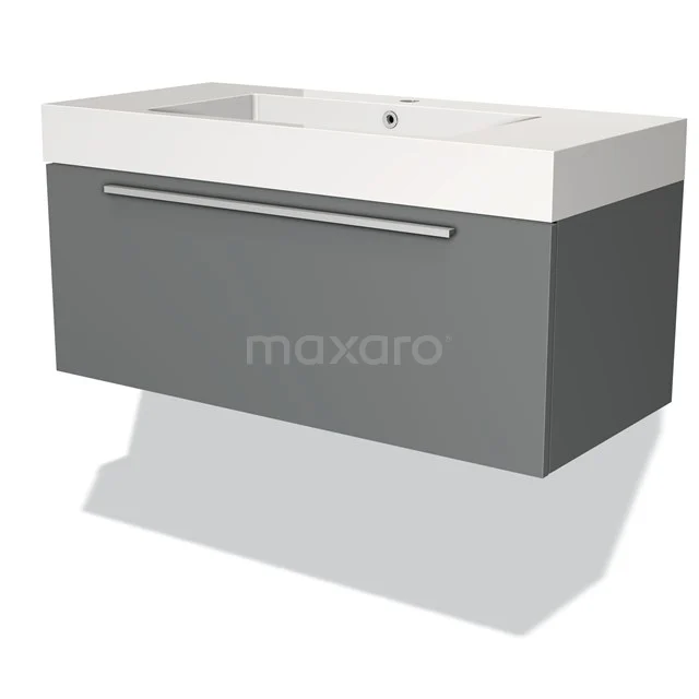 Grey wall-mounted vanity unit with white sink, sleek drawers and metal Handle, ideal for modern bathrooms.