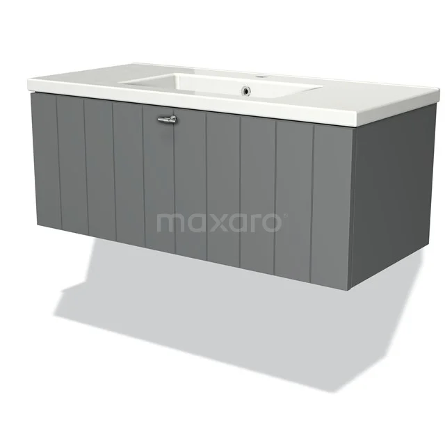 Modulo Waschtische | 100 cm Mittelgrau Lamelle front Keramik 1 Schublade BMW11-00428 Graues Badezimmermöbel mit weißem Waschbecken, modernes Design, Holzoptik-Paneele, ideal für ein stilvolles und organisiertes Badezimmer.