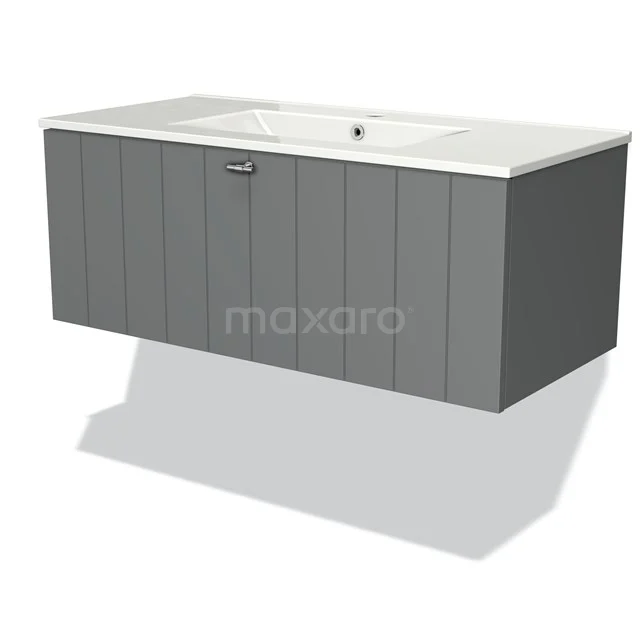 Grauer schwebender Badschrank mit vertikalen Rillen, einschließlich weißem Waschbecken und modernem Aussehen, ideal für schlichte Bäder.