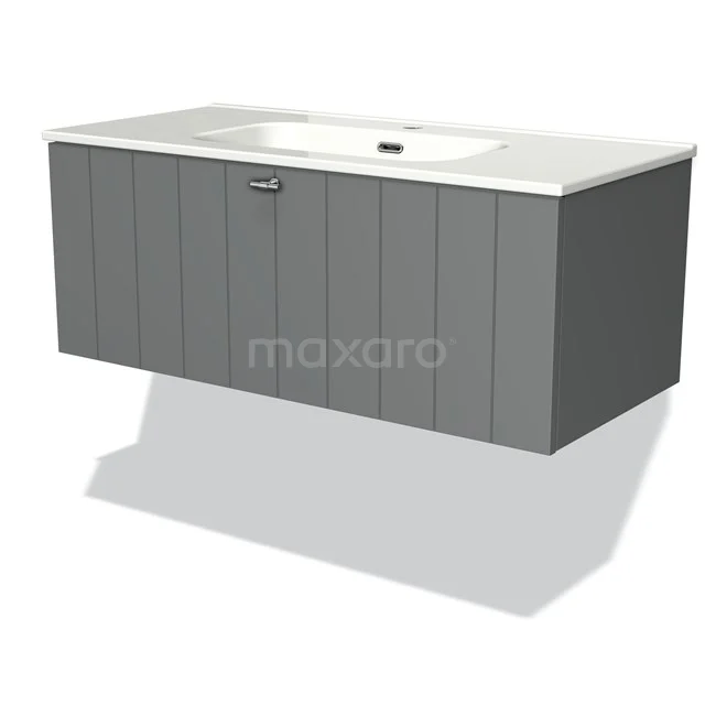 Badmöbel 100cm Modulo Mittelgrau 1 Schubladen-Lamellenwaschbecken aus Keramik BMW11-00430 Grauer hängender Badschrank mit Waschbecken, modernes Design, vertikale Linien und sauber verarbeitet für ein stilvolles Badezimmer.