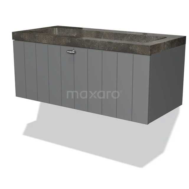 Badmöbel 100cm Modulo Mittelgrau 1 Schubladen-Lamellen-Waschbecken aus Naturstein Blaustein BMW11-00432 Graue hängende Badmöbelset mit Holzlook Fronten und Beton Waschbeckenplatte, modernes Design für luxuriöse Bäder.