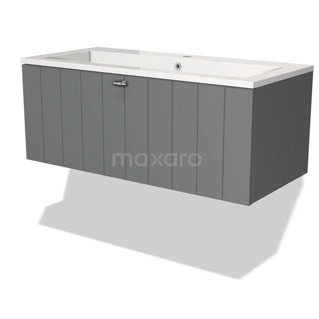 Grey hanging bathroom furniture set with horizontal grooves, ceramic basin and integrated chrome handle.