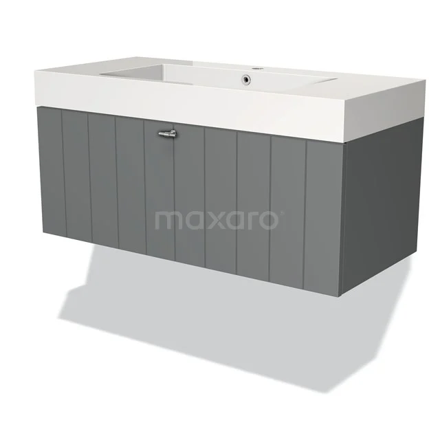 Grau Badmöbel mit Holzstruktur, weißem Waschbecken und integrierter Ablage, modernes Design.