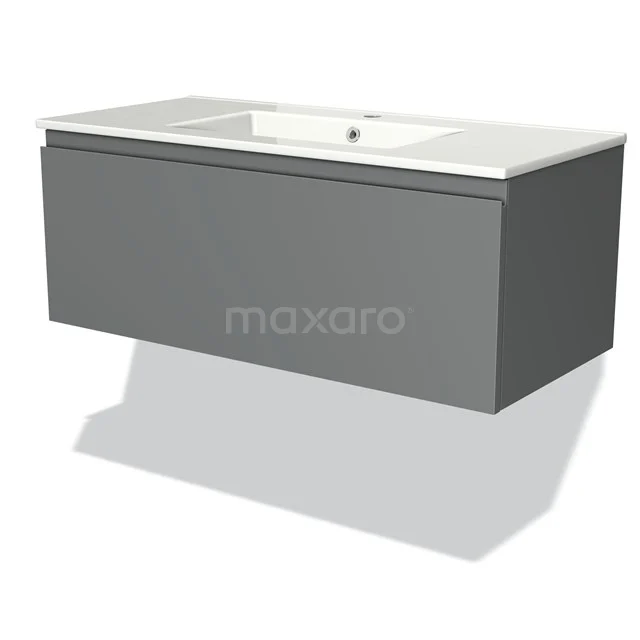 Grey modern hanging bathroom cabinet with integrated white basin, minimalist design.