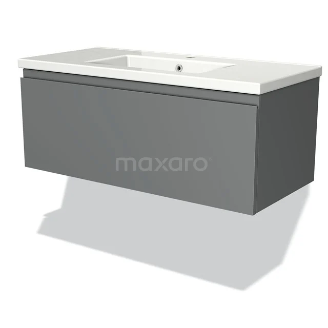 Grey floating bathroom unit with ceramic basin, sleek design, ideal for modern bathrooms.