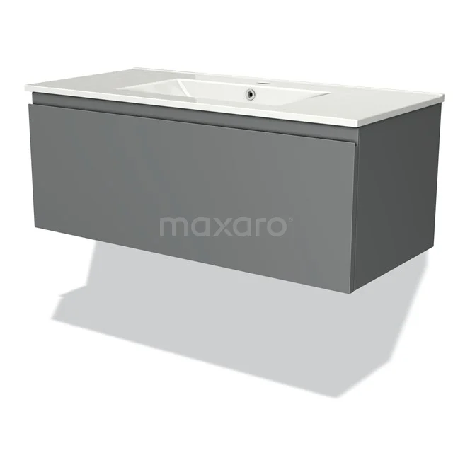 Grey floating bathroom cabinet with a white ceramic basin, sleek design and soft-close drawers, ideal for modern bathrooms.