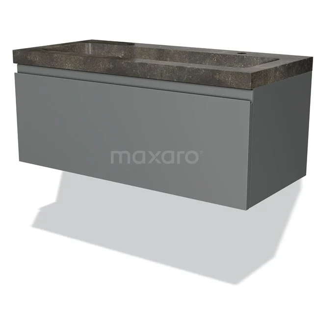 Grey bathroom furniture set with floating design, concrete-look basin and clean lines for a modern bathroom style.