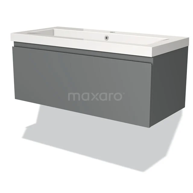 Grey rectangular vanity set with white ceramic basin worktop, sleek design, ideal for modern bathrooms.