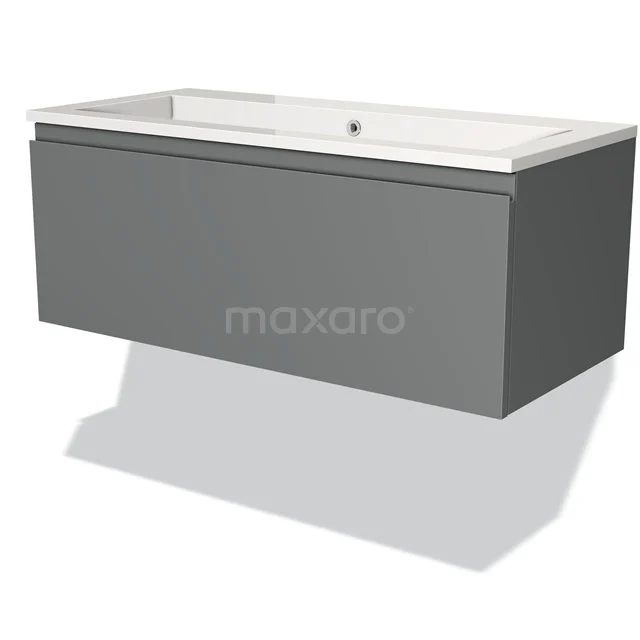 Grey hanging vanity unit with sleek finish, featuring a white basin. Perfect for a modern bathroom style.