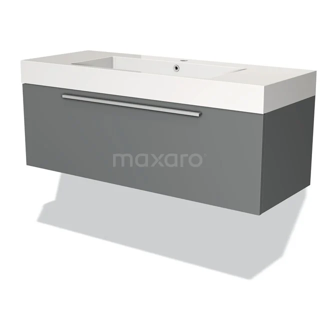 Grey bathroom furniture set with white basin, modern look, sleek design and aluminium handle.