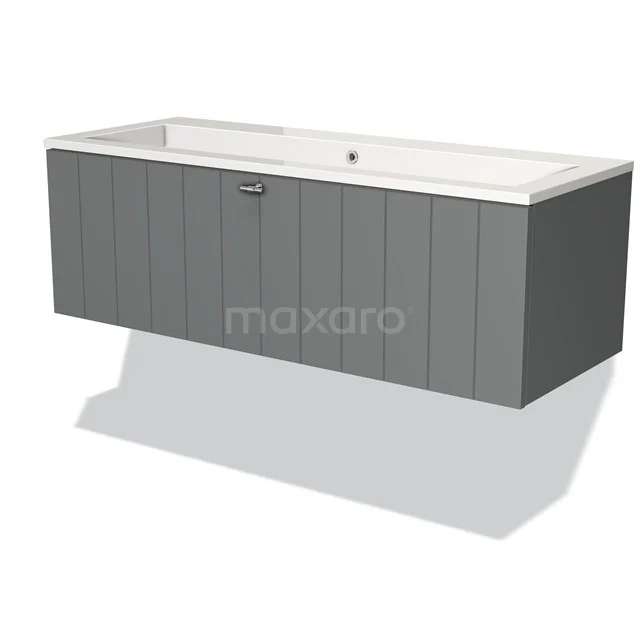 Modulo Vanity units with basin | 120 cm Mid grey Slat front Mineral marble 1 drawer BMW11-00467 Grey, wall-hung bathtub with wooden-look panel and built-in overflow, perfect for modern bathroom designs.