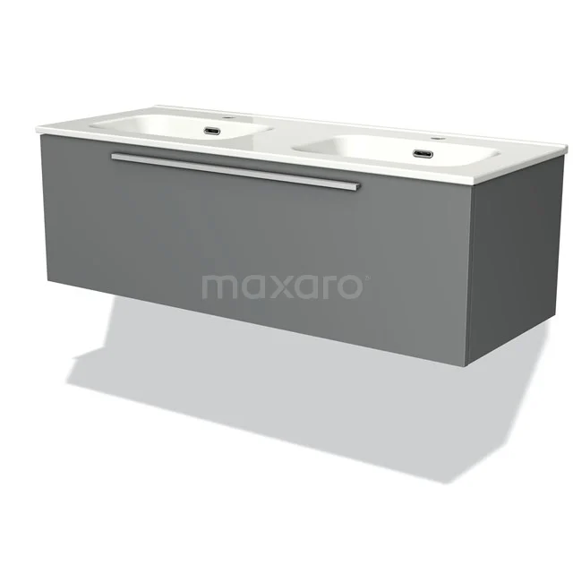 Grey double vanity unit with modern finish and wide drawers, perfect for a stylish bathroom design.