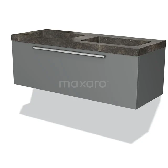 Grey Bathroom units with basin in marble, sleek drawers with metal handle, stylish design for modern bathrooms.