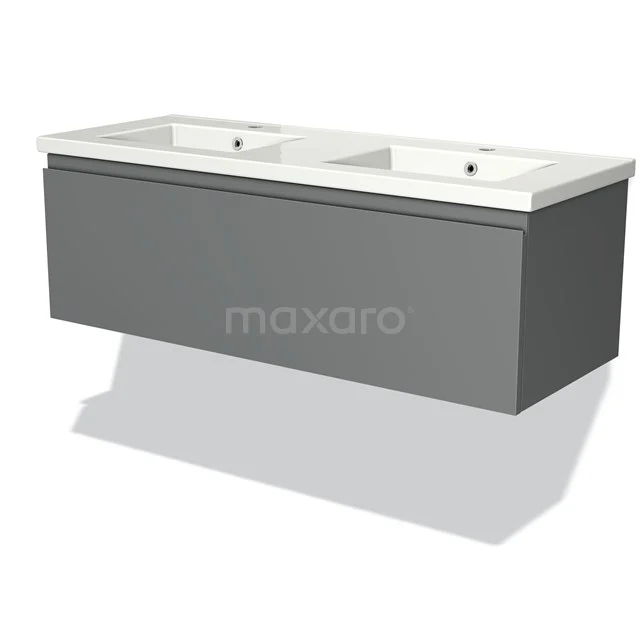 Grey double basin with tight drawers, modern bathroom unit made of wood, including white ceramic countertop wash basins.