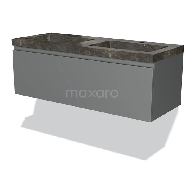 Dark grey vanity unit with drawers and natural stone worktop in marble look, ideal for a stylish bathroom.