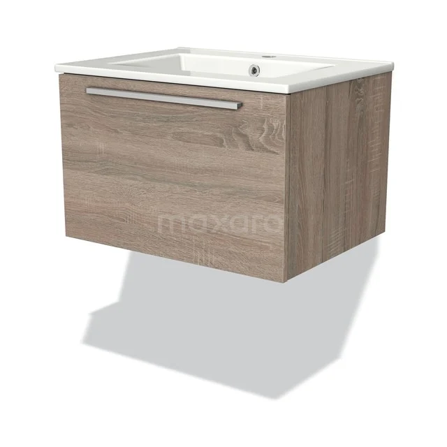 Wooden bathroom unit wall-mounted with drawers, modern design in light oak and white, including ceramic basin.