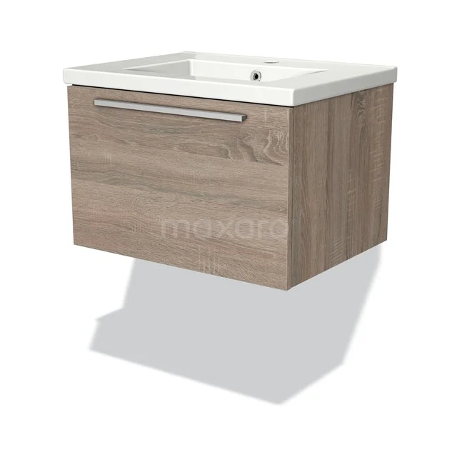 Holz Badmöbel mit Waschbecken, Eiche-Look, Softclose-Schublade und modernem Design, ideal für eine stilvolle Badezimmereinrichtung.