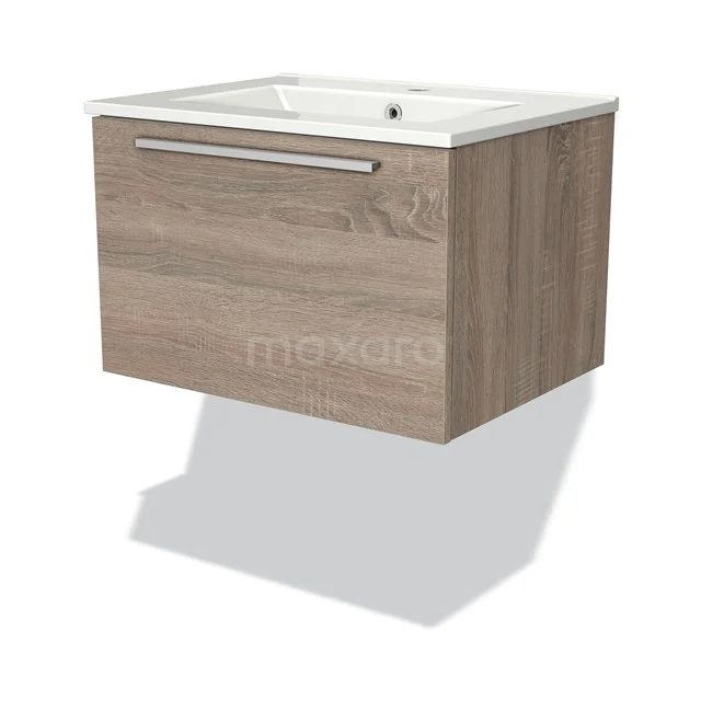 Wooden bathroom unit with drawers, hanging design in oak look, including white ceramic basin, modern and space-saving.