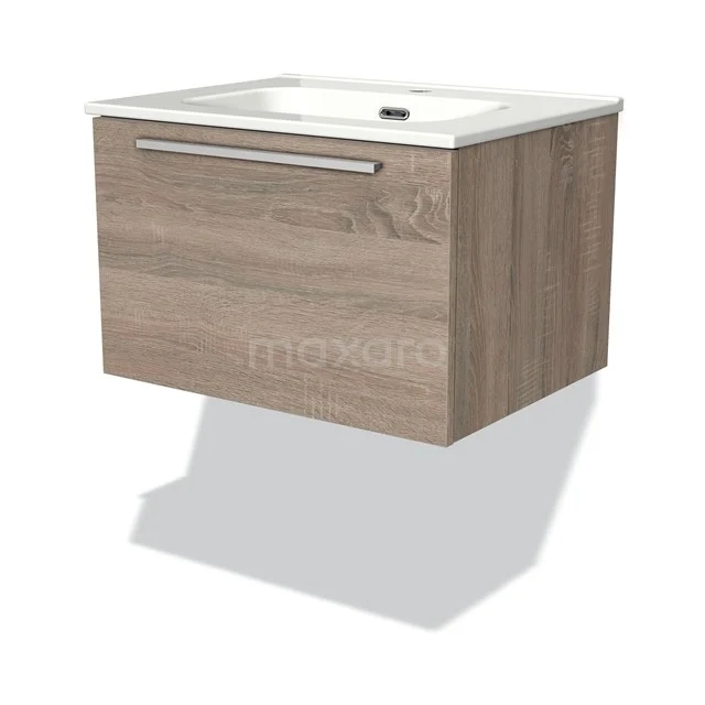 Mauerhängendes Badmöbel in hellem Holz mit Schublade und weißem Waschbecken, modernes Design für stilvolle Badezimmergestaltung.